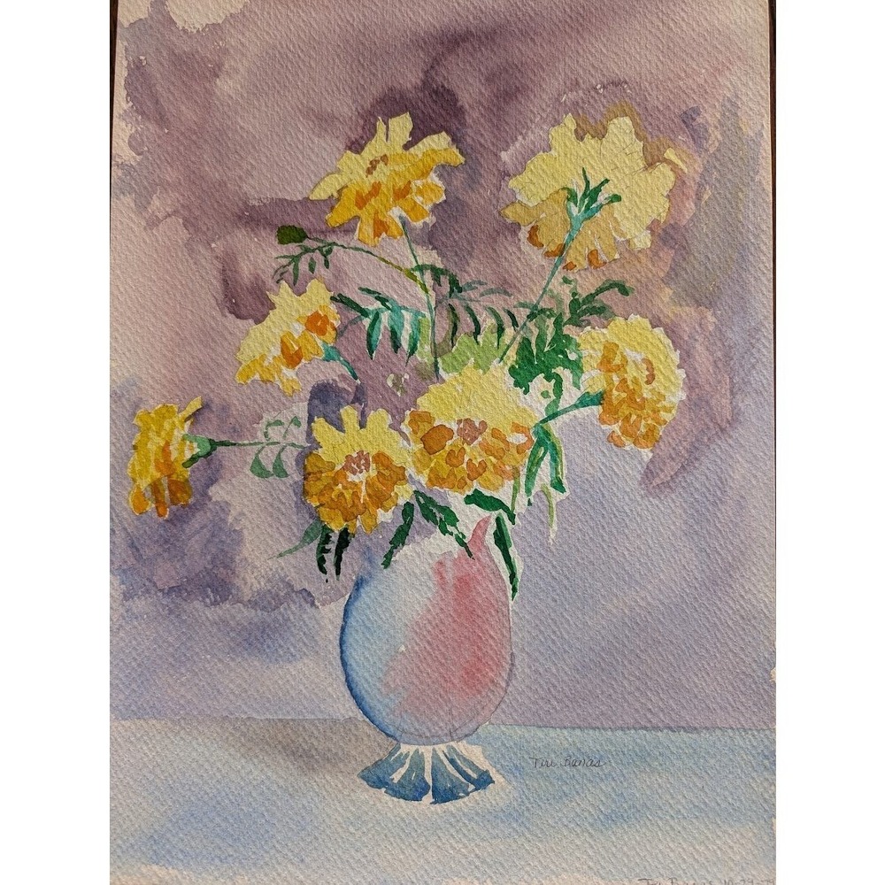 Vtg‎ 70s Still Life Watercolor 11x15 Spring Flower Bouquet Joy Signed Teri Banas